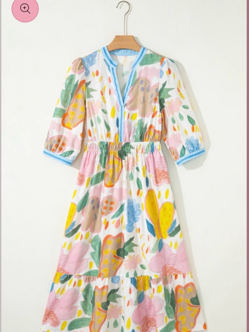 Multicolour Floral Doodle Print Striped Trim V Neck Midi Dress - Picture 4 of 8